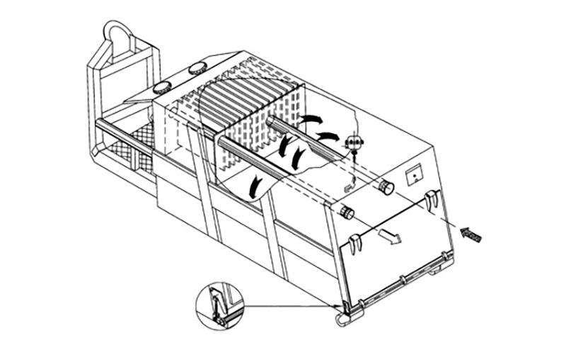Technische Strichzeichnung des BEAL Filterabscheiders, die den internen Luftstrom, die Komponentenanordnung sowie die Staubabscheidungs- und Entleerungsmechanismen in industriellen Vakuumsystemen zeigt.